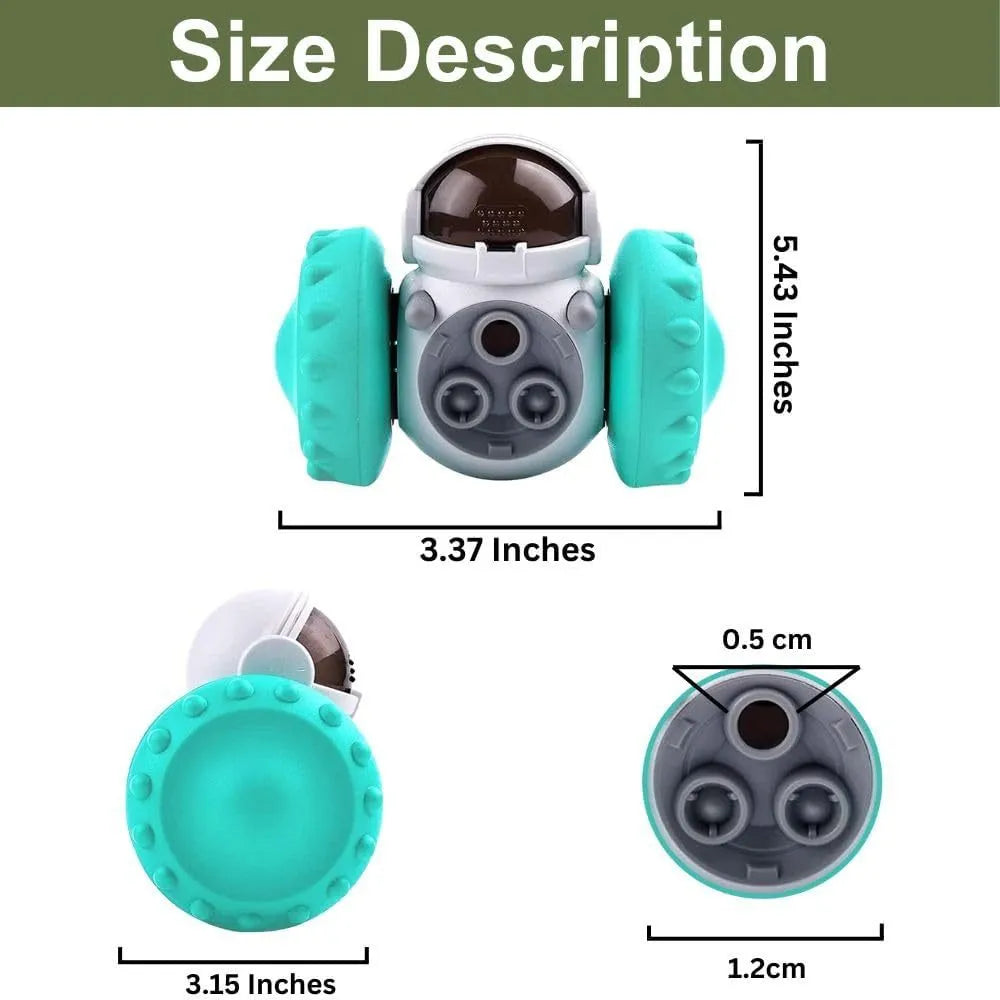 Dog treat dispenser toy with roller design in various colours, showing dimensions of 141mm x 83mm x 114mm for small pets