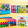 Set of blue, pink, and yellow washable paintbrushes with hexagonal handles in a storage box.