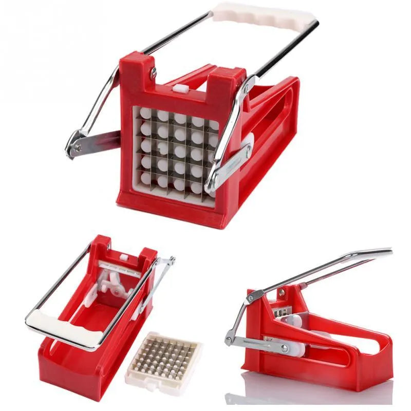 A potato cutter chopper with two stainless steel blades and a non-slip rubber foot on a kitchen counter.