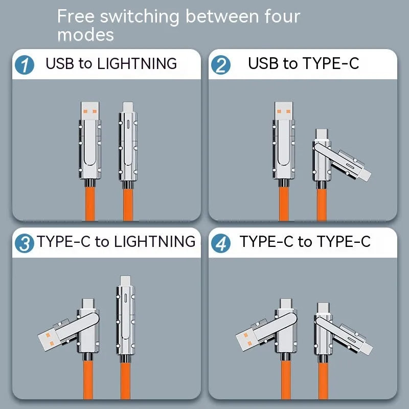 Fast charge mobile phone cable with zinc alloy connectors in orange colour, length 1 metre.