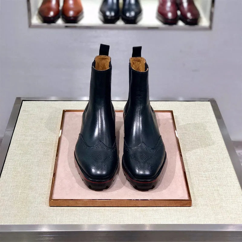 High-top leather business casual shoes with cowhide upper and leather sole in black and black-orange style options