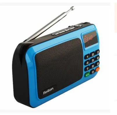 Rolton W405 portable FM radio and MP3 travel speaker in blue with LED display and strap