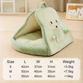 Green winter cat tent bed showing deep cave opening and soft interior, with size dimensions indicated