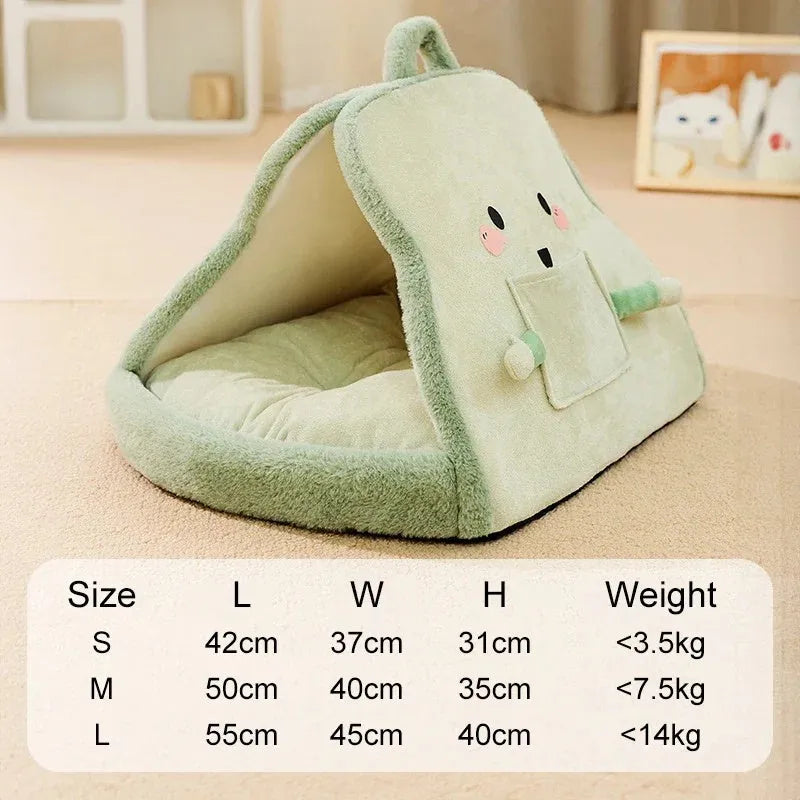 Green winter cat tent bed showing deep cave opening and soft interior, with size dimensions indicated