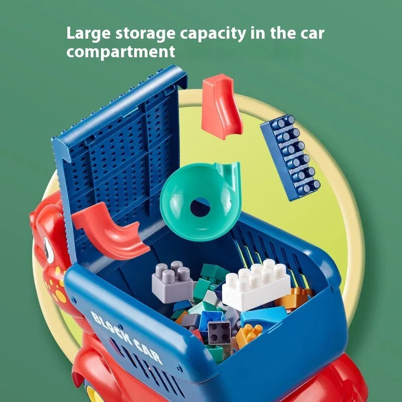Large particle plastic building block toy car on wheels for children aged 4 to 6, in dinosaur duck shovel and pressure car themes