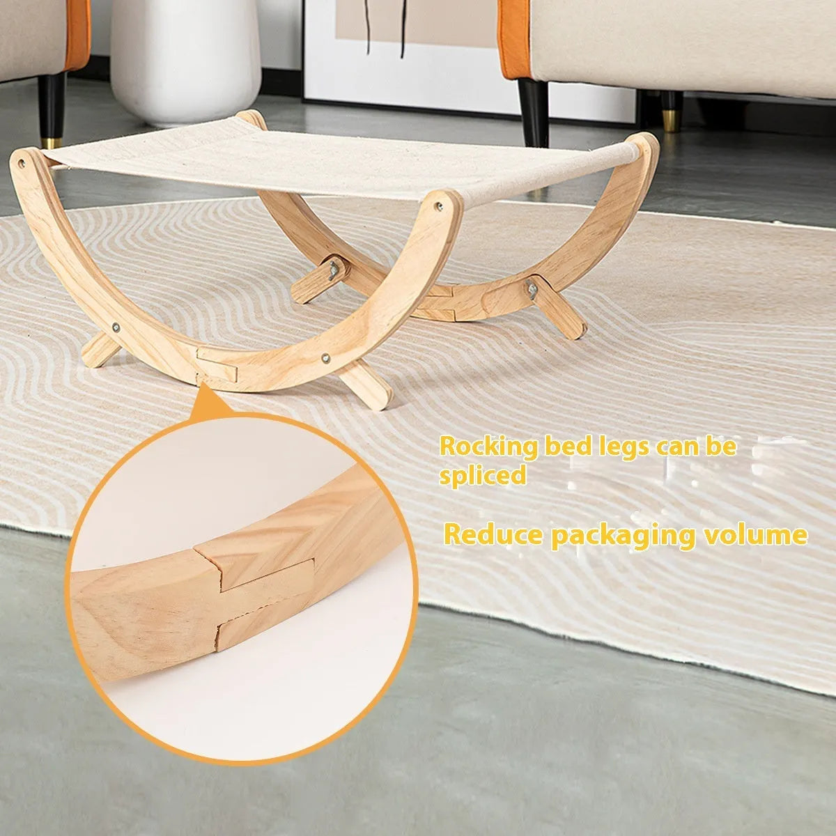 Brown wooden cat hammock bed with canvas exterior and plush interior, folded frame design
