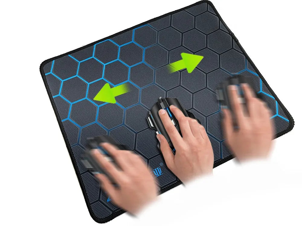 Custom cartoon design silk cloth and natural rubber mouse pad in three sizes on a desk.