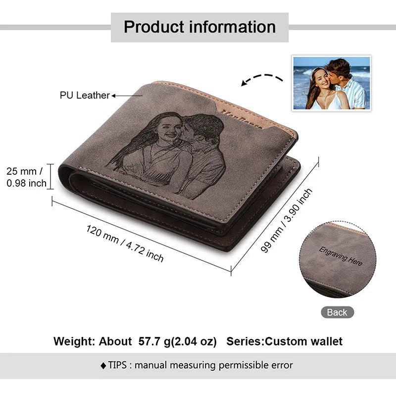 Coffee-coloured engraved horizontal short wallet with personalised text, showing 120mm width and 25mm depth