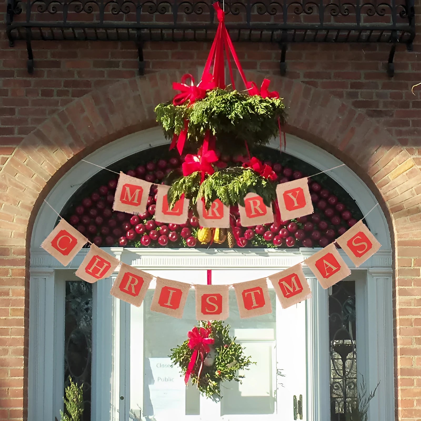 Brown and red burlap Christmas banner with 14 flags measuring 12x13cm each on string