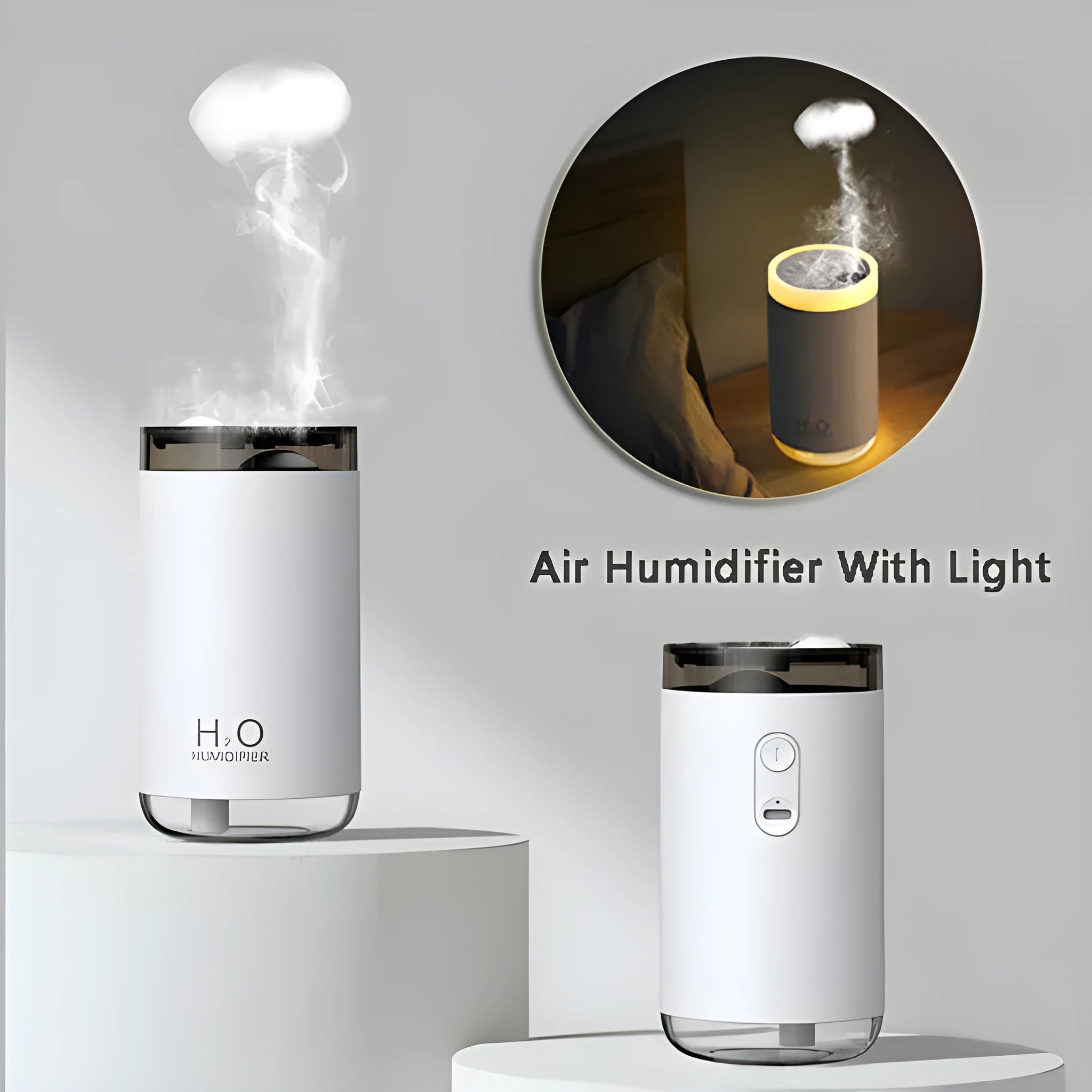 Jellyfish-shaped humidifier producing smoke ring mist with warm night light glow