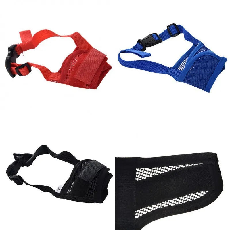 Adjustable plastic dog muzzle in black, red, blue, pink, or purple colours showing size options for biting and barking control
