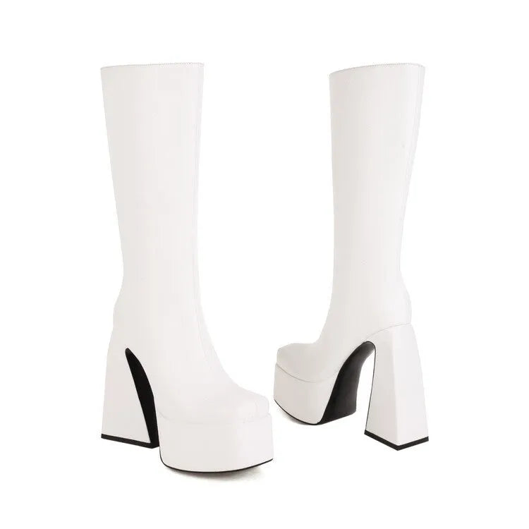 Women's high boots in artificial PU available in black, red, blue, and white colours with UK sizes 34-43