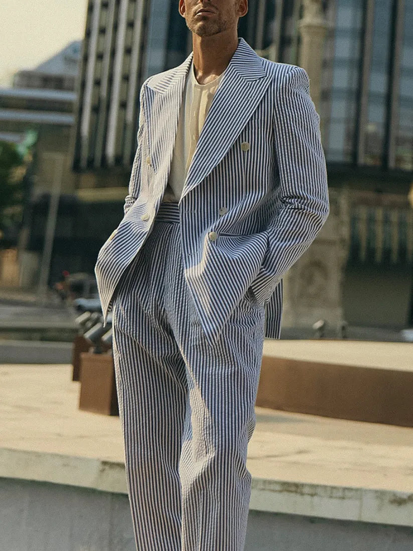 Blue and white striped suit set with blazer and trousers in regular fit