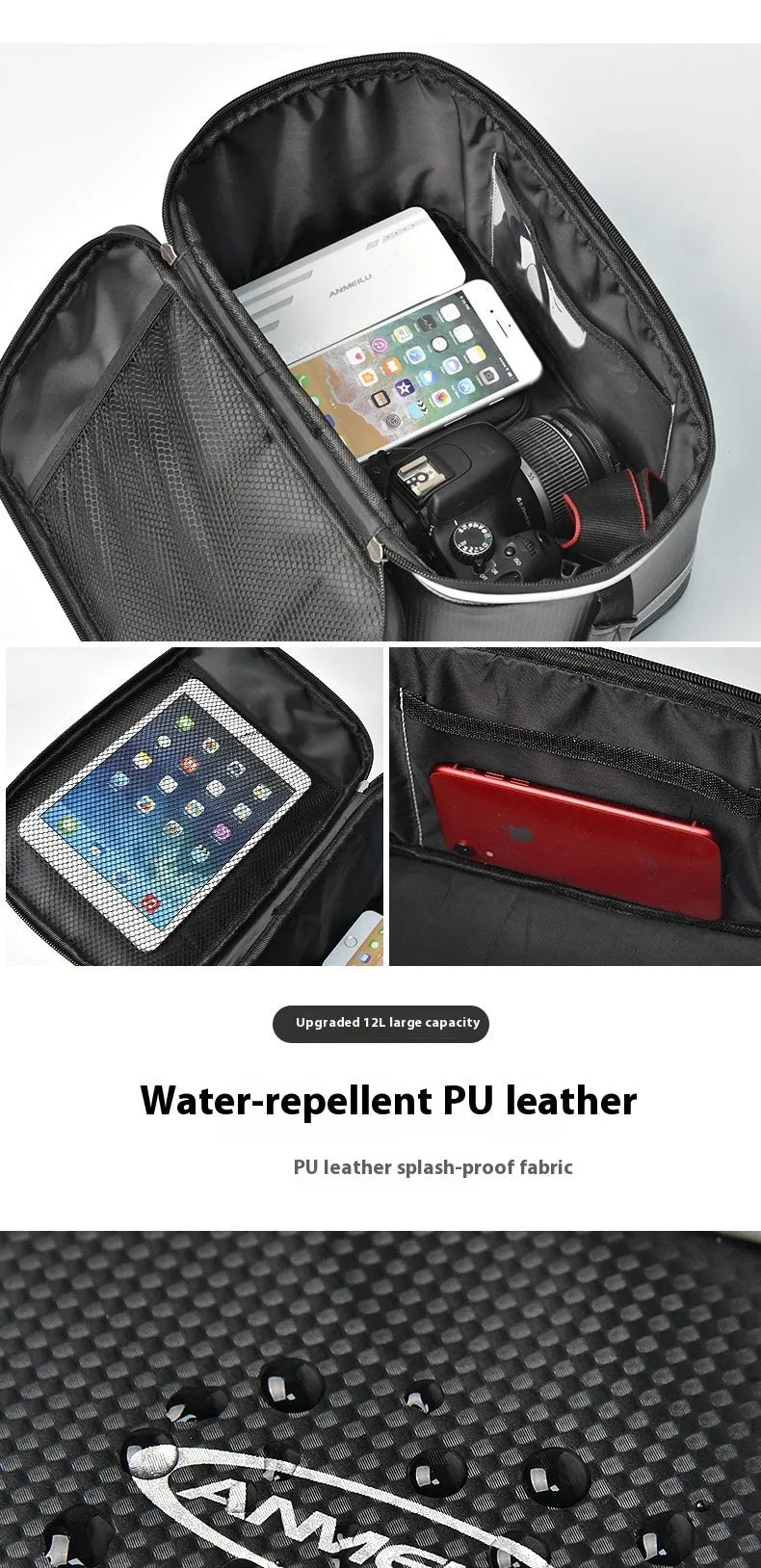 Black PU leather backseat bag for electric cars with 12L capacity for bicycle gear transport