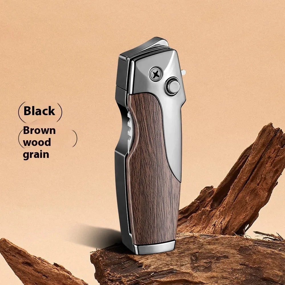 Zinc alloy metal folding lighter with integrated knife in black-brown wood grain finish, showing closed and open positions