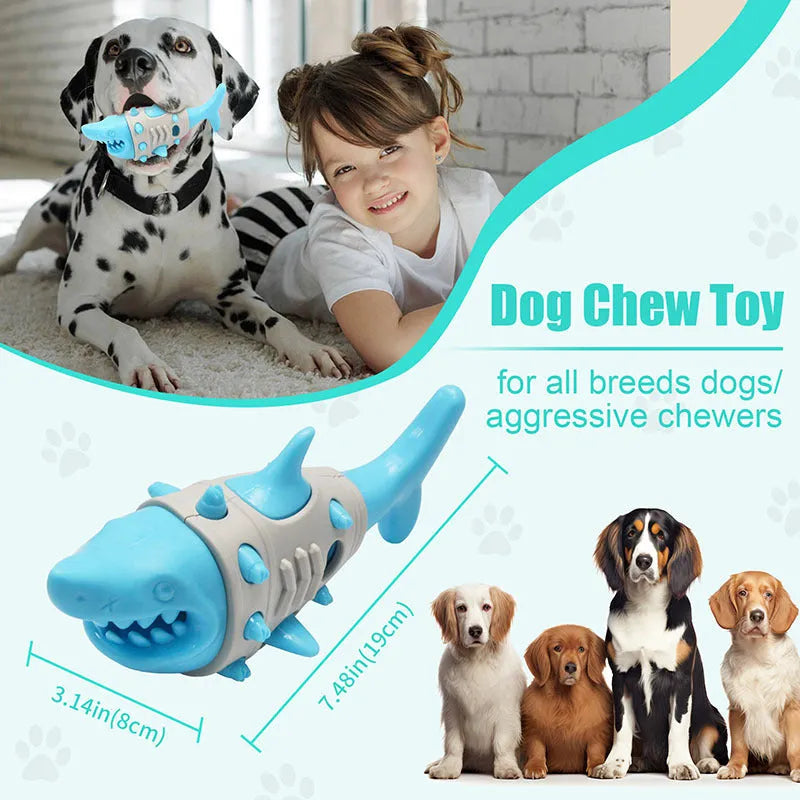 Blue shark-tooth textured dog chew toy with leaky holes for interactive play