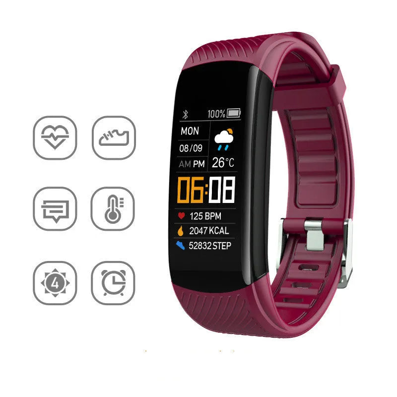 Black TPU pedometer bracelet with 0.96-inch touchscreen displaying step count on wrist