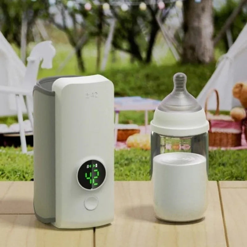 Grey portable USB rechargeable baby bottle warming bag with wrap-around design.