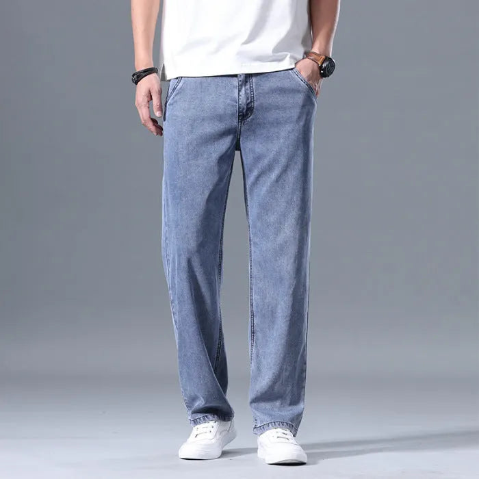 Men's light blue lyocell loose straight-leg casual jeans with zip fly