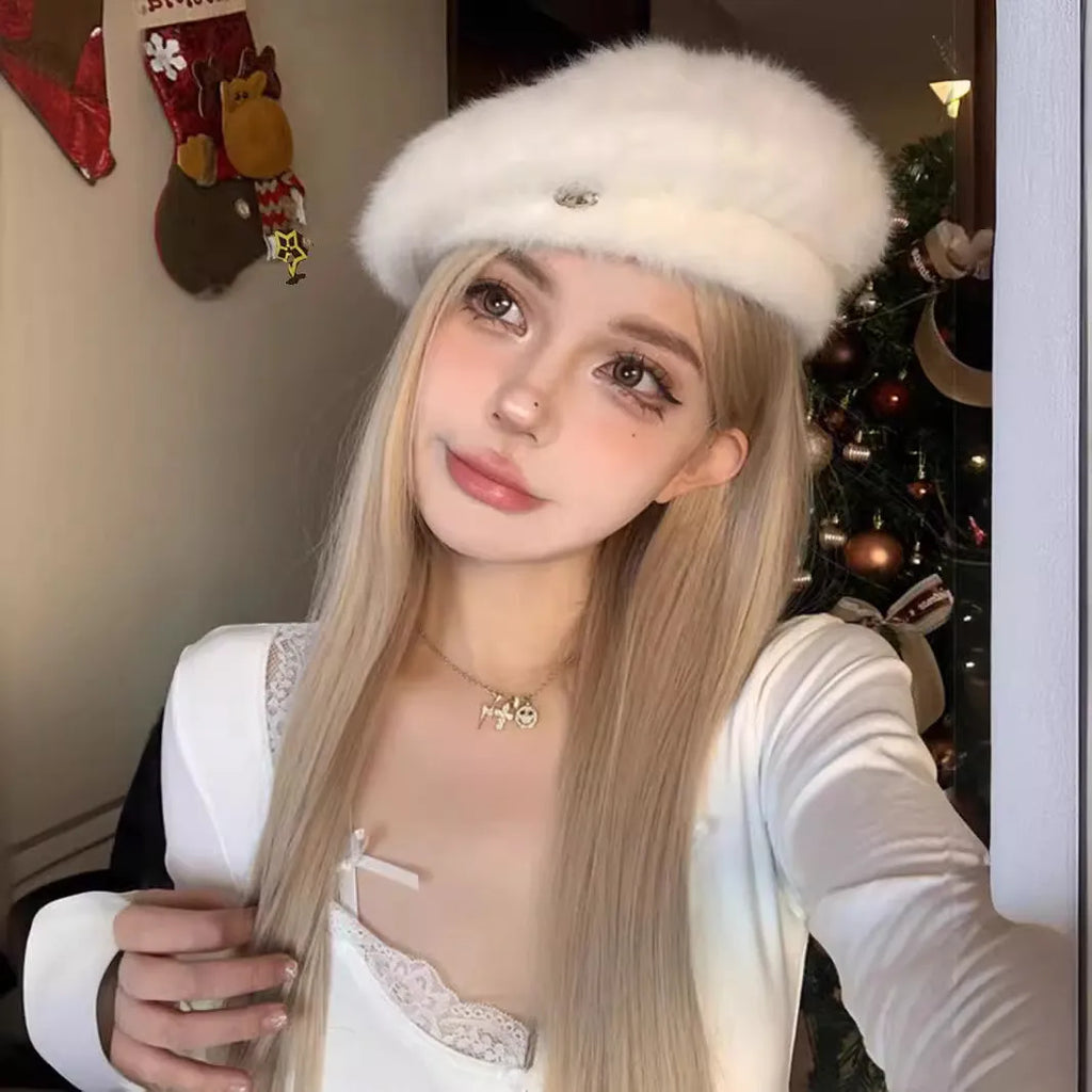 Long straight milk tea blonde synthetic wig on a model, shown with an included hair net.