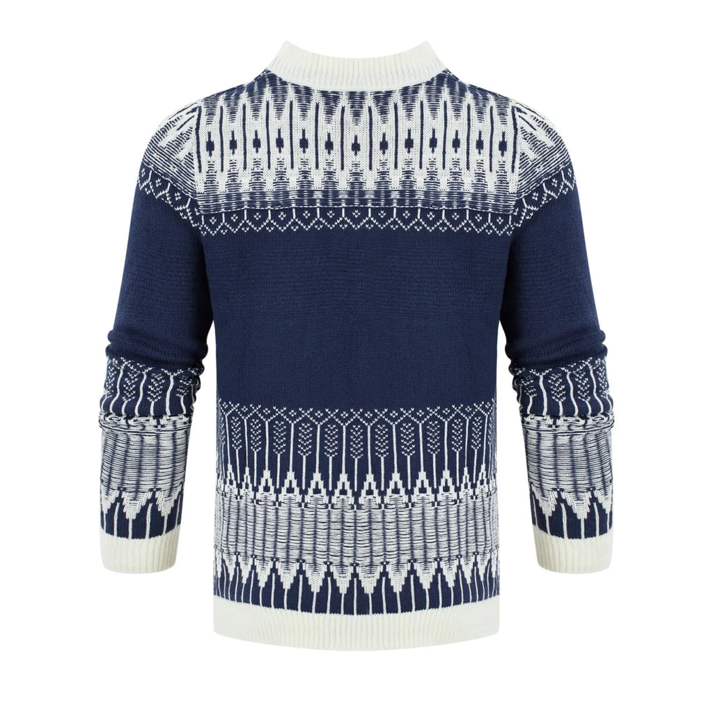 Men's grey knitted pullover sweater with ribbed crew neck and cuffs on a hanger.