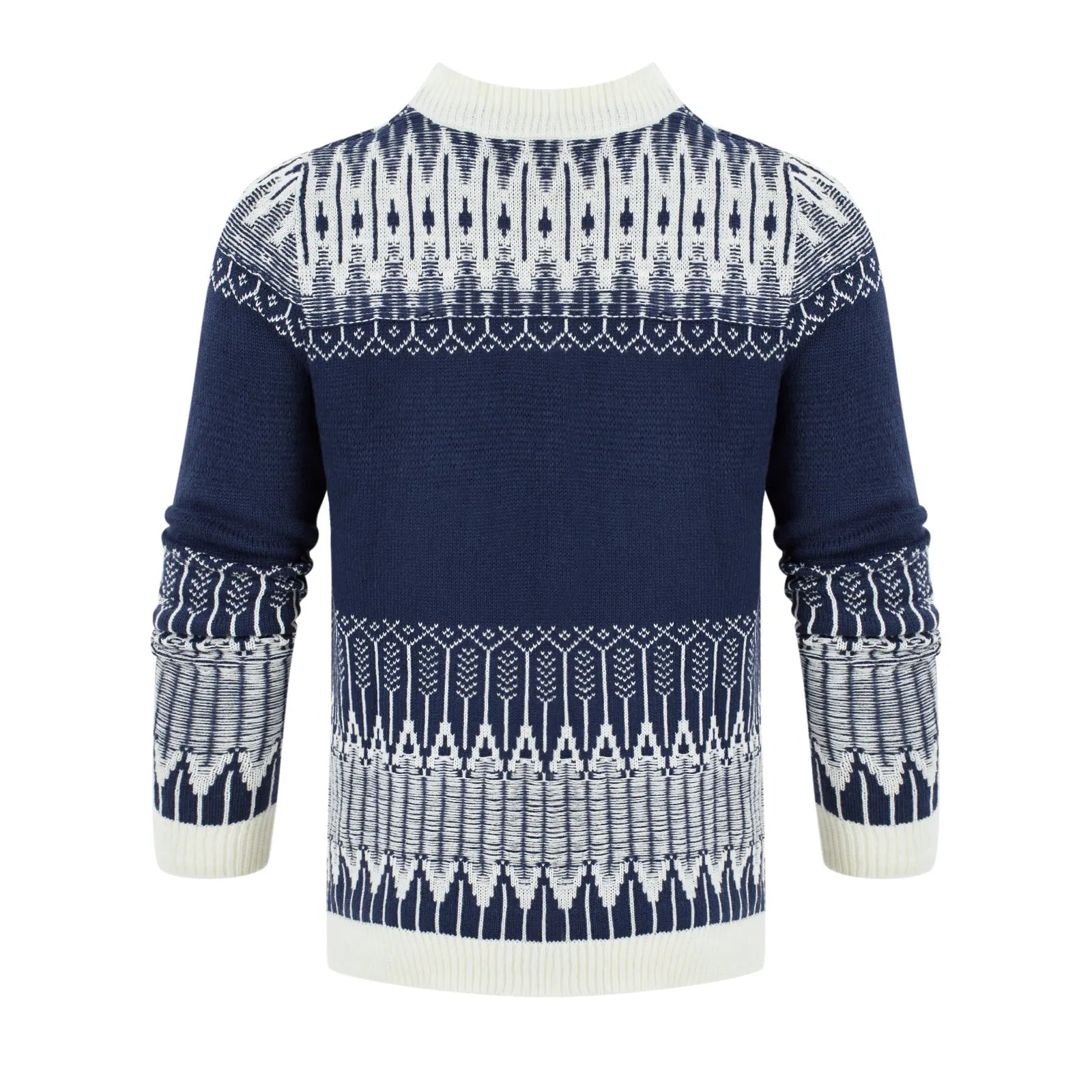 Men's grey knitted pullover sweater with ribbed crew neck and cuffs on a hanger.