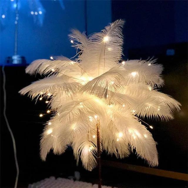 Feather table lamp with remote control, USB or battery power, 50 feathers, soft light for bedside or desk