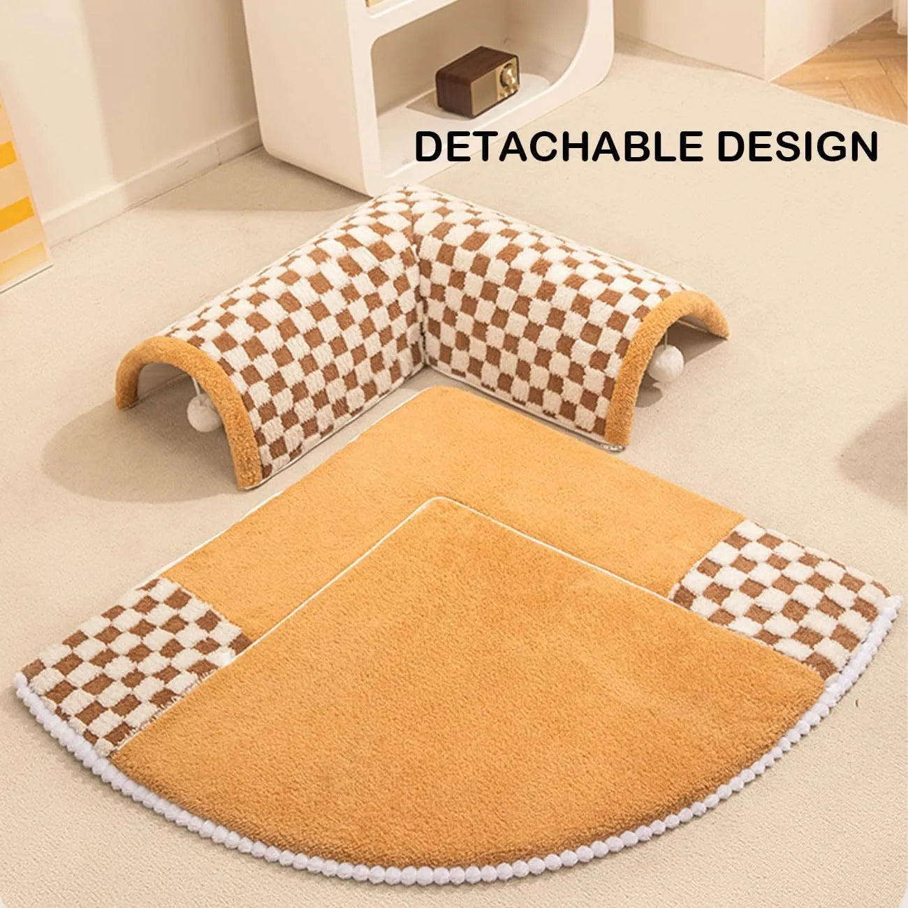 Fan-shaped plush pet bed with tunnel in coffee or yellow, sizes 60cm or 80cm, anti-slip base