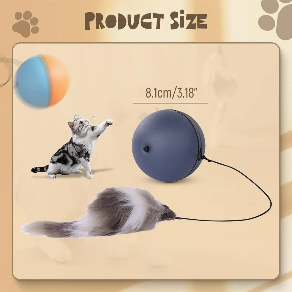 Blue and orange automatic rolling ball pet toy on a floor