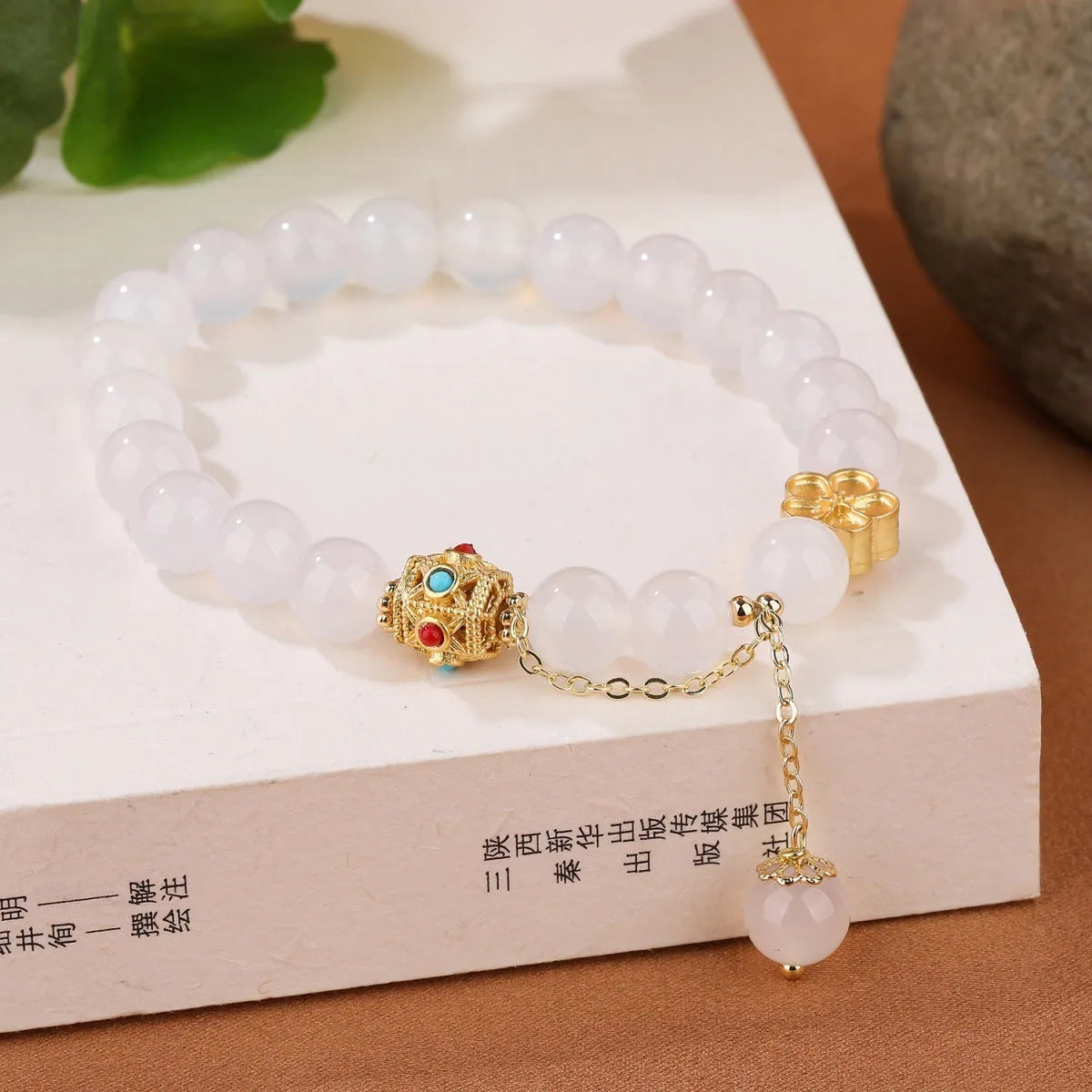 Handmade natural agate bracelet with peach blossom copper parts and 8mm beads