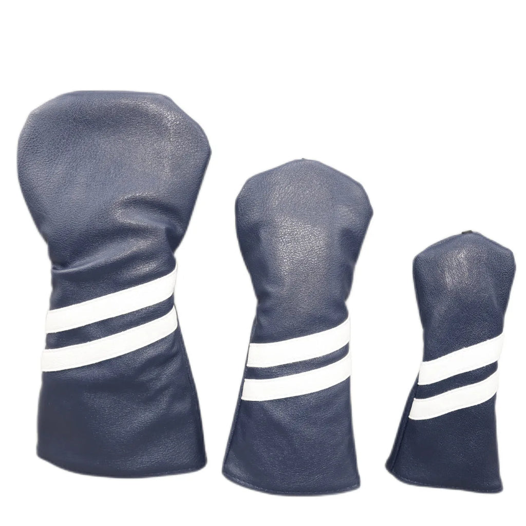PU golf club head cover with two diagonal stripes in black, shown beside a golf club