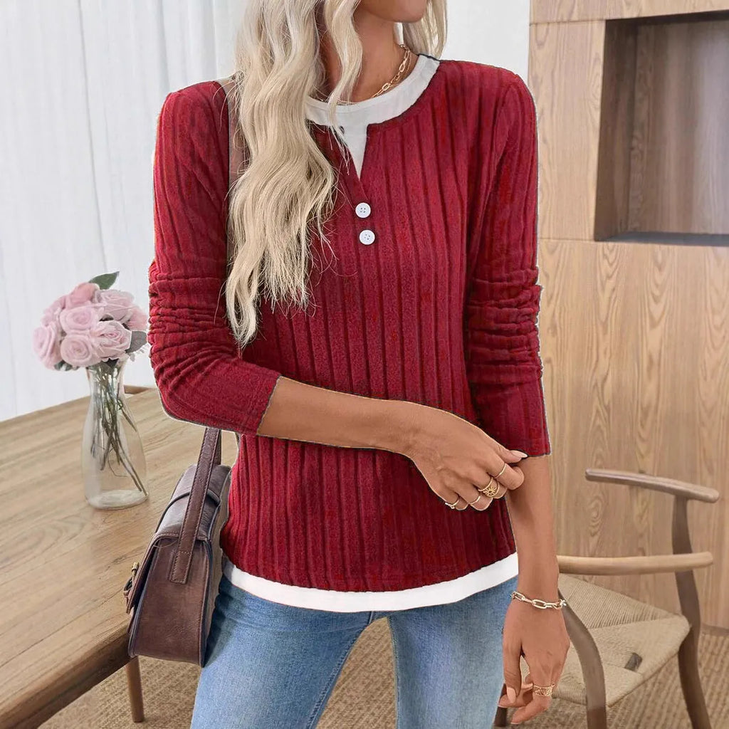 Women's black fake two-piece round neck pullover sweater with concave stripe texture