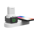 W3 wireless charging station in black or white, showing 3-in-1 design for iPhone, Apple Watch, and AirPods with detachable magnetic charger