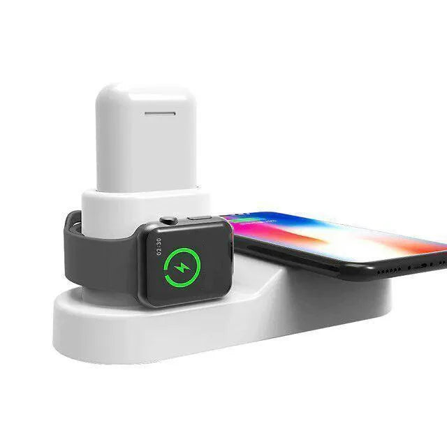 W3 wireless charging station in black or white, showing 3-in-1 design for iPhone, Apple Watch, and AirPods with detachable magnetic charger