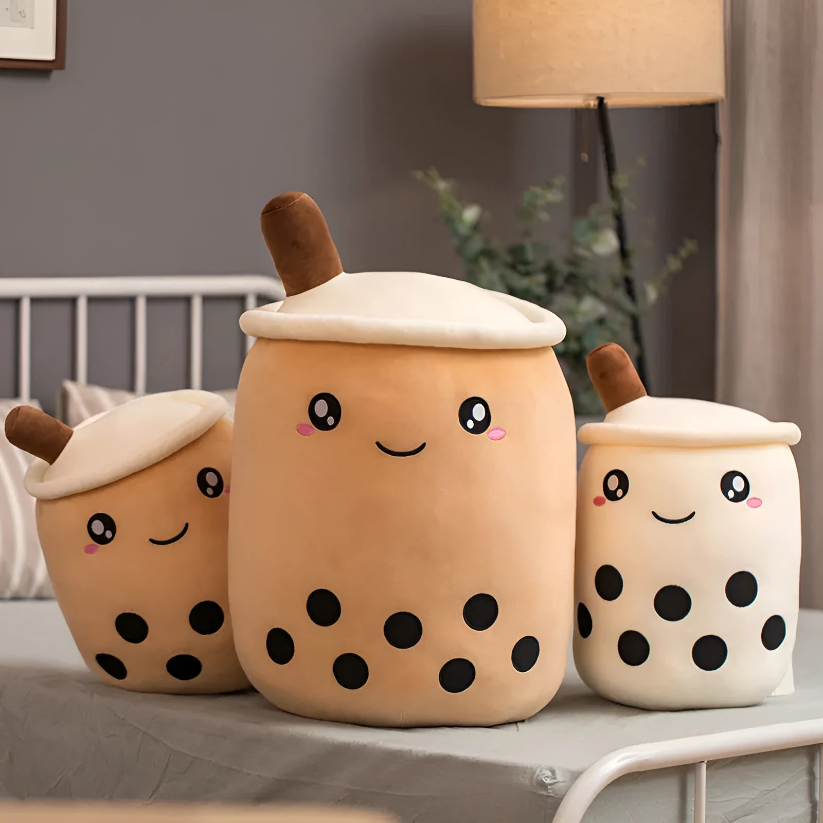 Brown boba milk tea plush cushion with fruit-shaped decorations on soft stretch cotton fabric