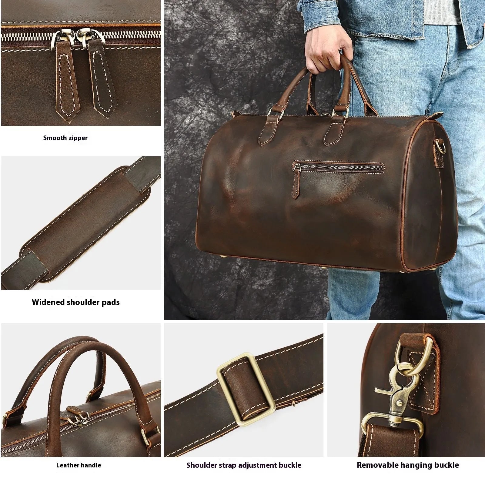Large vintage-style genuine leather crossbody bag for men in black, shown with dimensions.