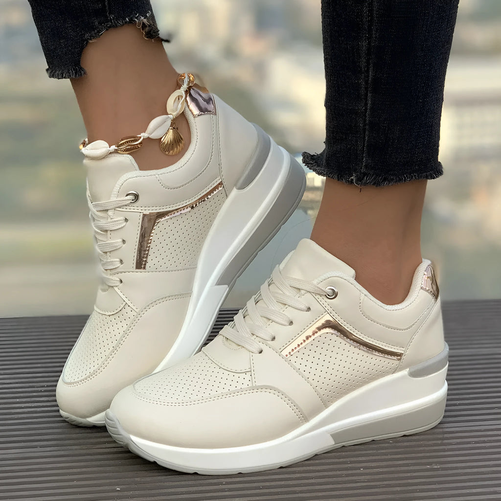 Women's milky white wedge platform casual shoes with lace-up front on a rubber sole.