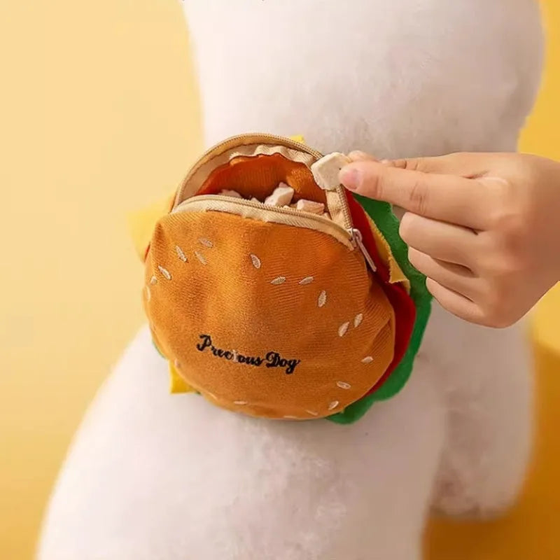 Cartoon hamburger print adjustable vest leash for a dog, showing the escape-proof design and walking rope.