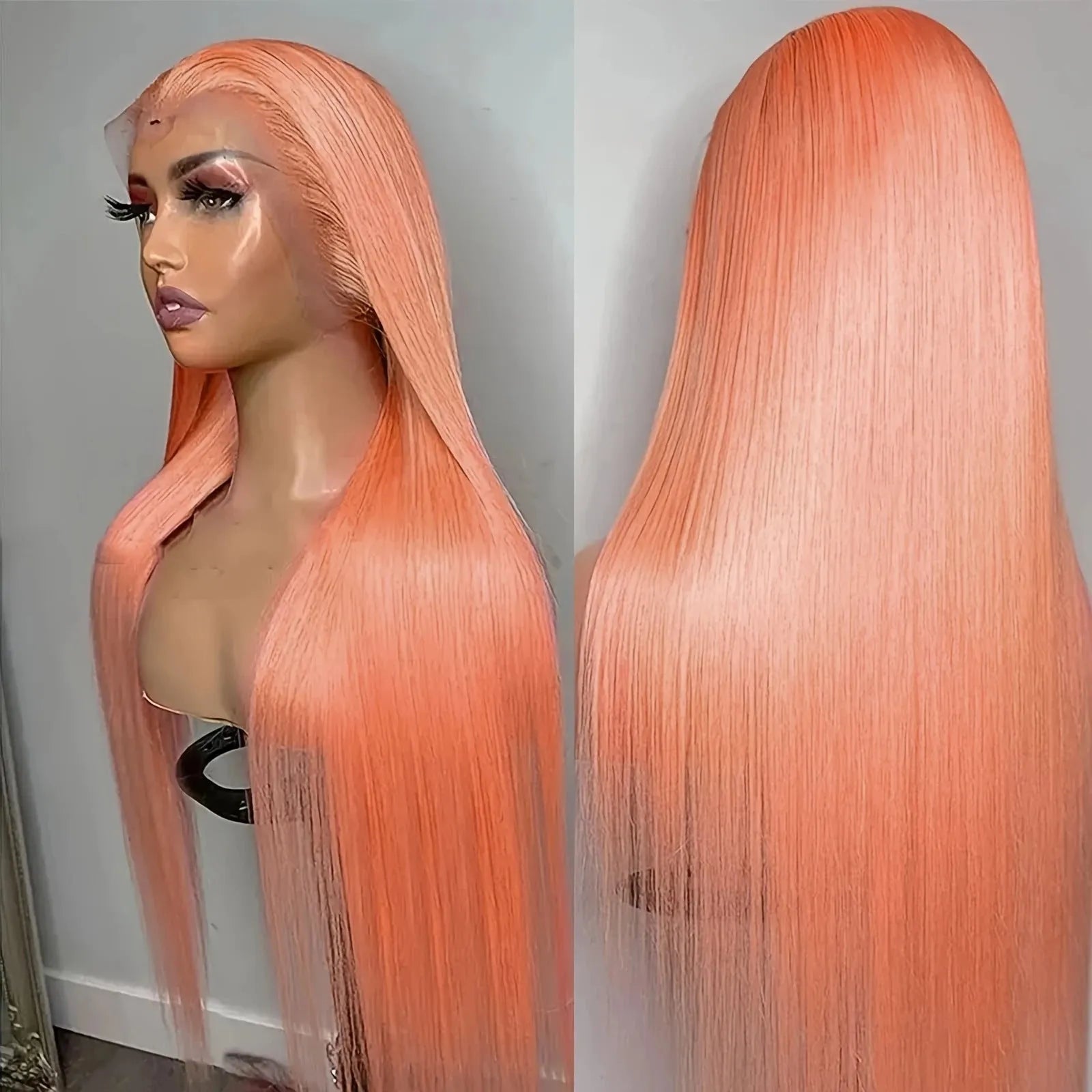 Light orange long straight hair wig with side bangs and front lace, displayed on a wig head.