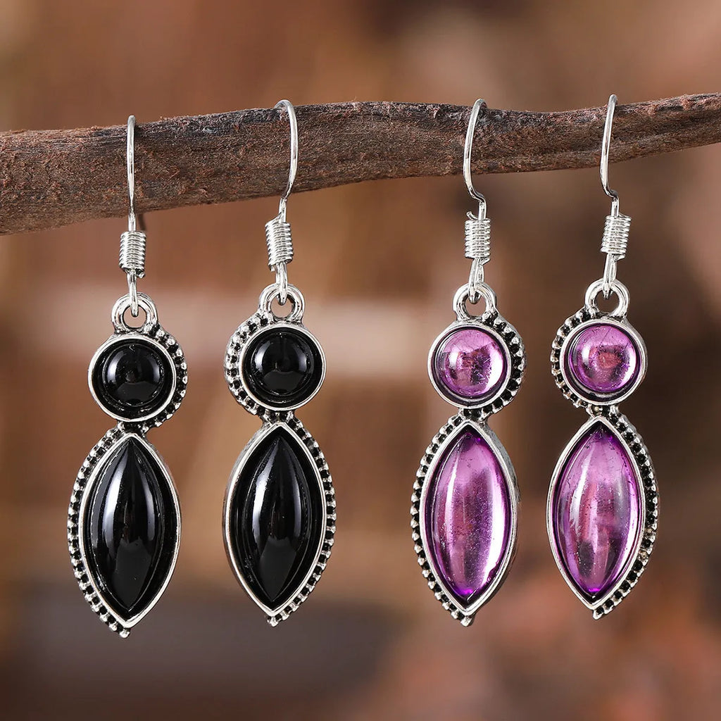 Vintage geometric pendant earrings with black and purple colours, zinc alloy construction with electroplated finish
