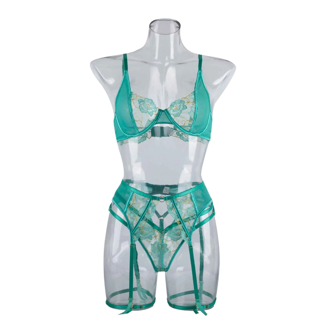 Light green women's embroidered bra set with bikini brief