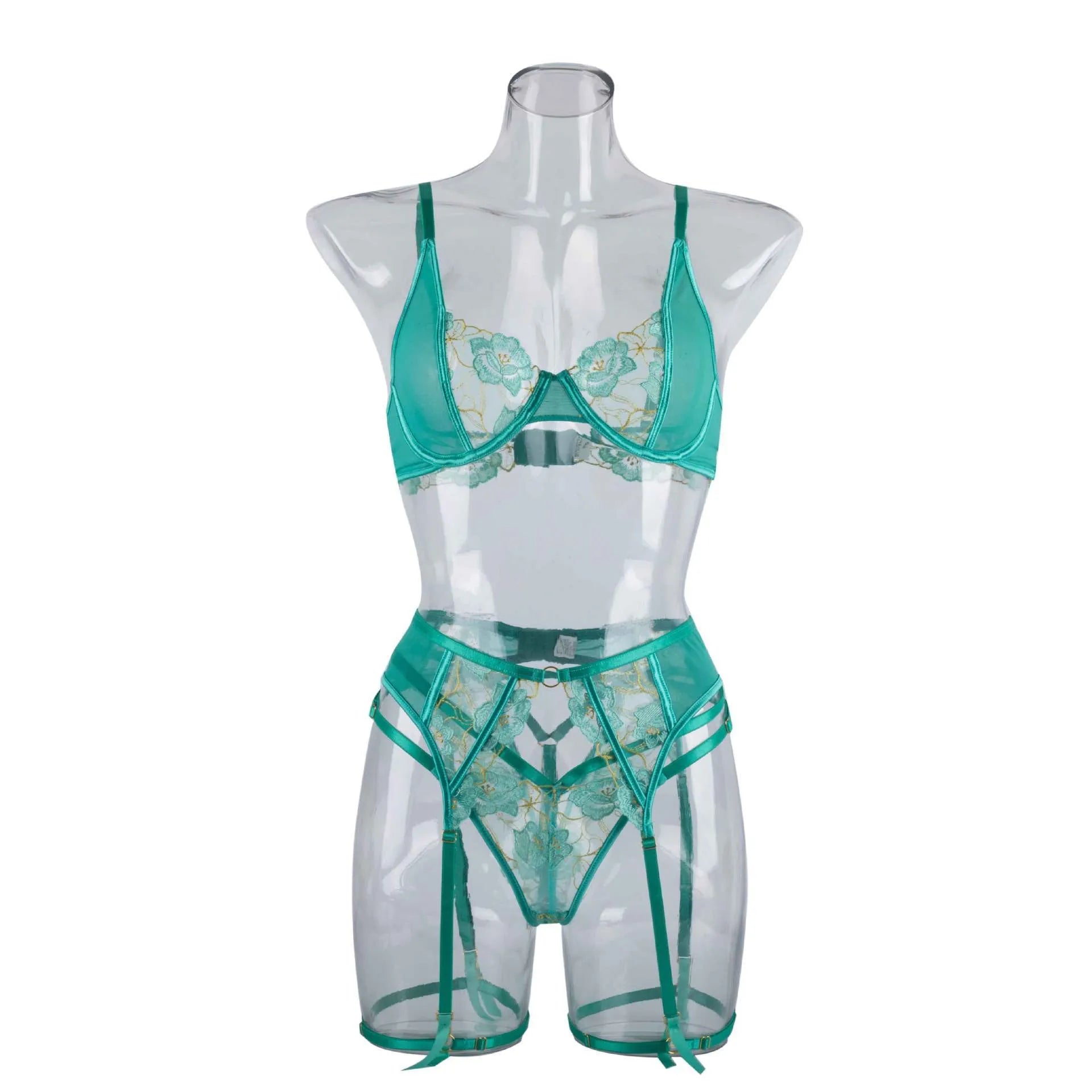 Light green women's embroidered bra set with bikini brief