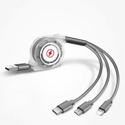 3-in-1 telescopic charging cable with TPE-coated 120cm wire and titanium alloy connectors in multiple colour options
