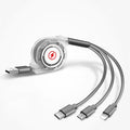 3-in-1 telescopic charging cable with TPE-coated 120cm wire and titanium alloy connectors in multiple colour options