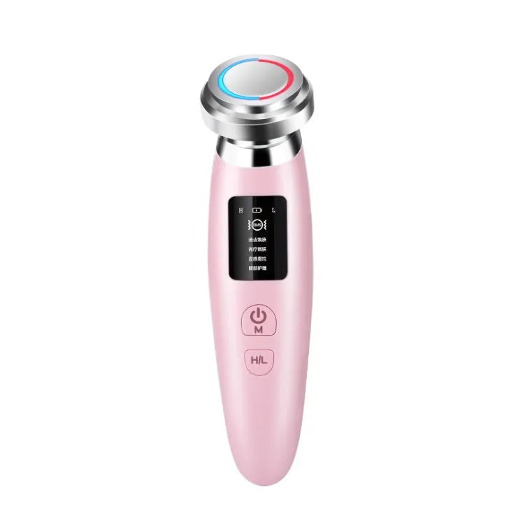 Pink LED cleansing and rejuvenating beauty instrument with facial brush, 185mm length handheld design