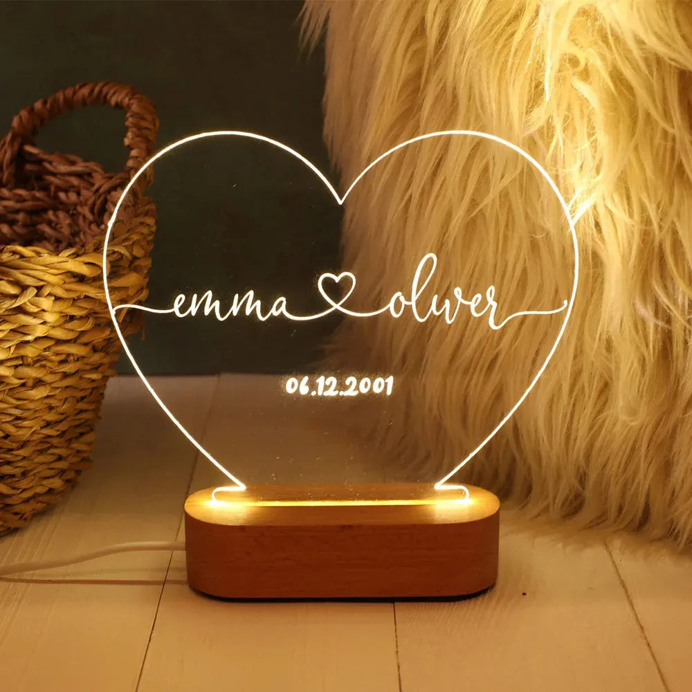 Custom LED night light with personalised text on 20cm x 11.5cm transparent acrylic plate, USB cable connected