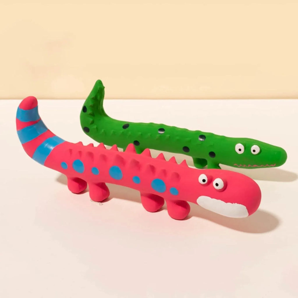 Green lizard-shaped dog chew toy with squeaker, 24cm long for aggressive chewers