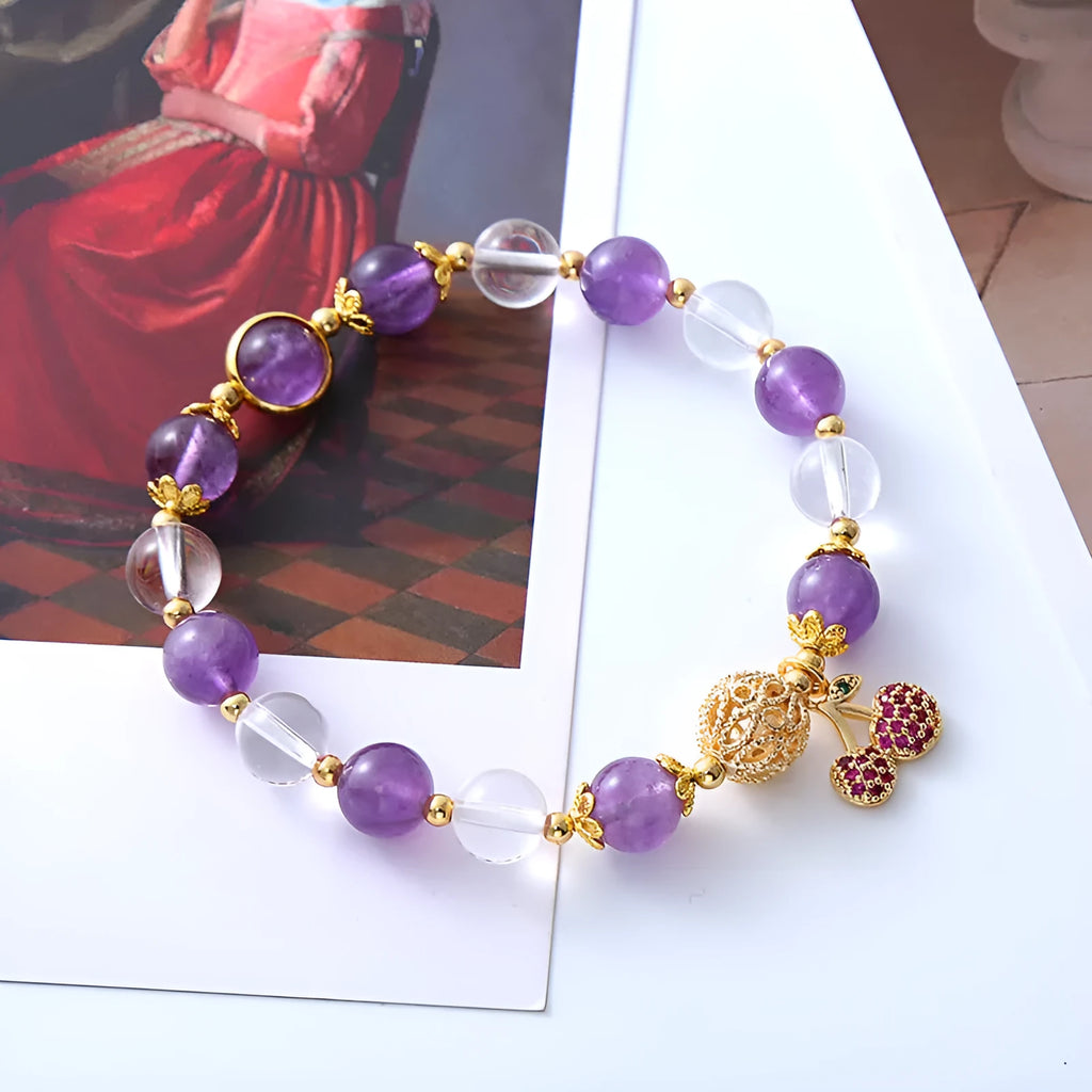 Purple crystal bracelet with cherry flower design and micro-inlaid amethyst details
