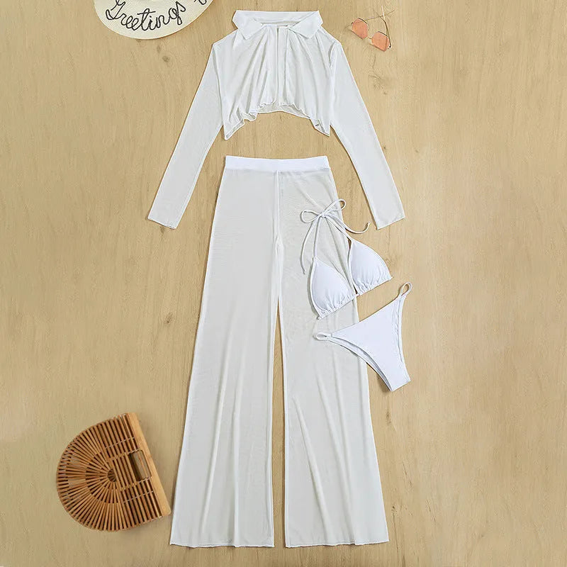 White women's high-waist backless swimsuit four-piece set on a hanger