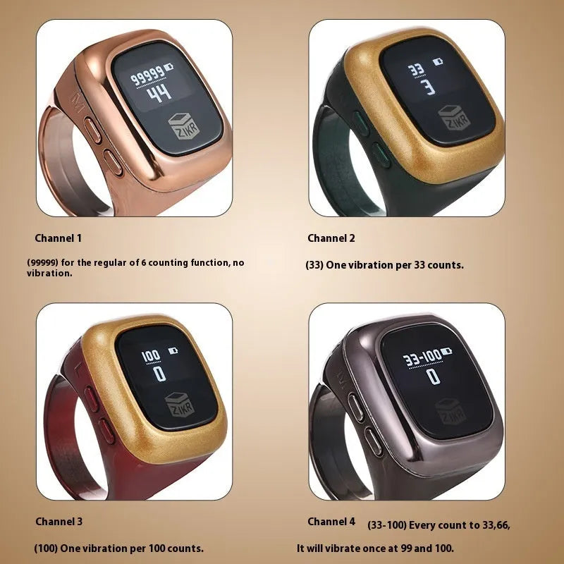 Al-fatiha Zikr electronic counter on wrist with digital display showing count, available in black, space grey, rose gold, silver, wine red, green.